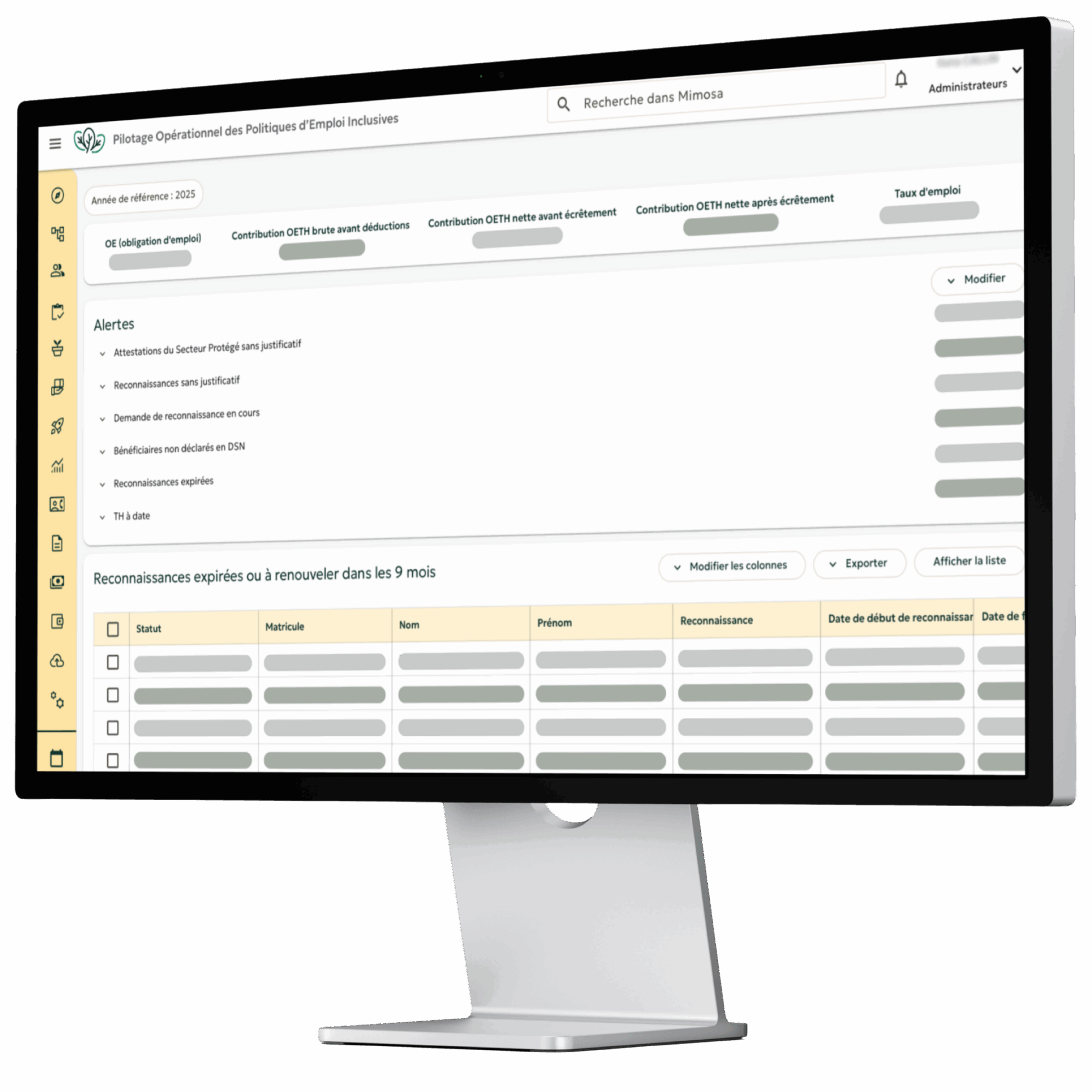Interface du logiciel Mimosa affichée sur un ordinateur de bureau, dédiée à la gestion de la politique handicap et à la déclaration DOETH des collaborateurs en situation de handicap