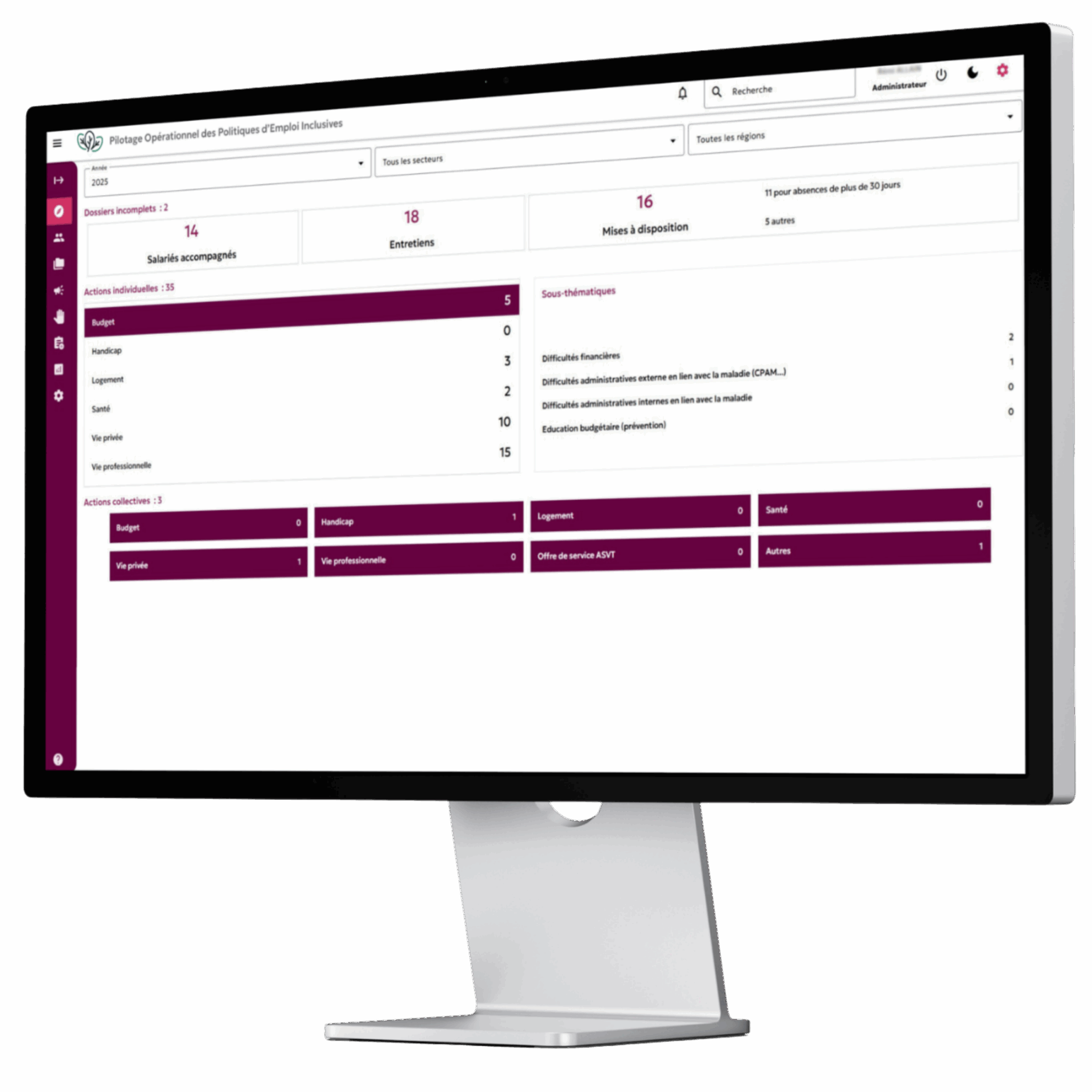 Interface du logiciel Pacret affichée sur un ordinateur de bureau, dédiée au suivi social et à l’accompagnement social