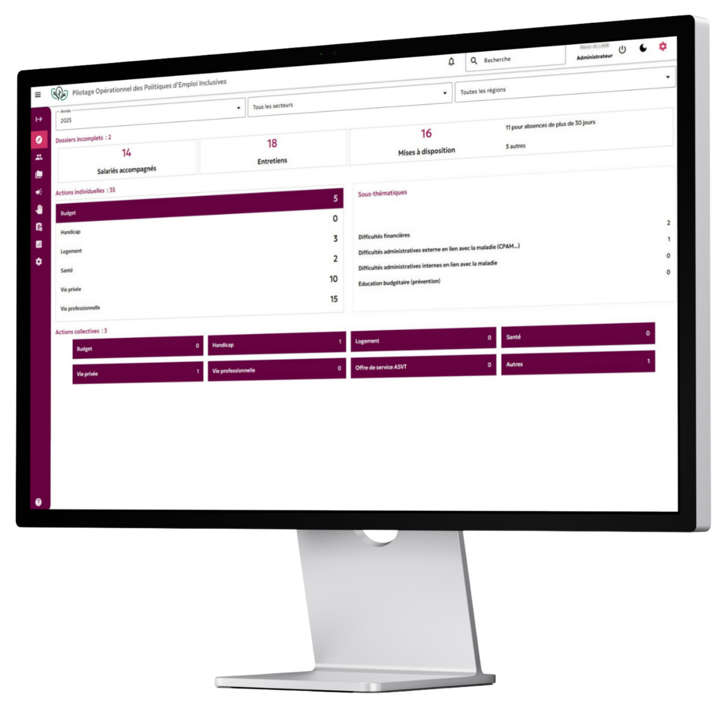 Interface du logiciel Pacret affichée sur un ordinateur de bureau, dédiée au suivi social et à l’accompagnement social
